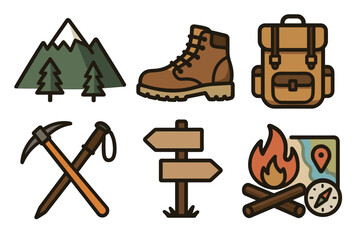 Hiking and mountaineering equipment vector icon set. Collection of rustic items for outdoor adventure.