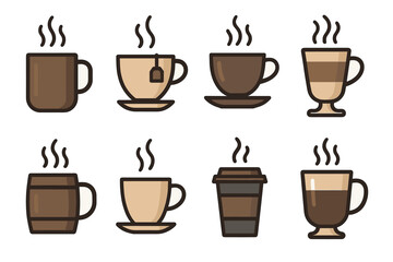 Obraz premium Hot drinks and coffee cups vector icon set. Collection of various steaming mugs of coffee and tea.