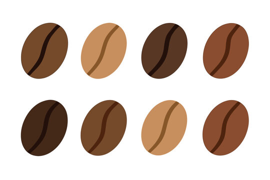Coffee bean roast levels flat vector icon set. Collection of various coffee beans from light to dark roast.