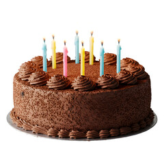Delightful chocolate birthday cake with colorful candles ready for celebration party