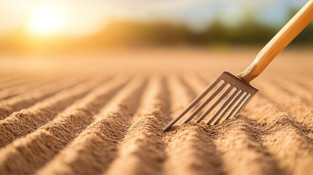 Golden Hour Rake Sandy Furrows at Sunset, Garden , Tools - Powered by Adobe