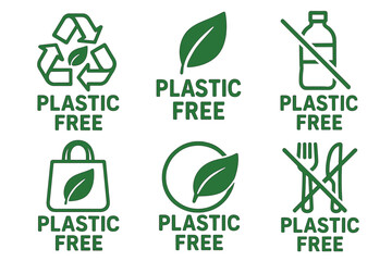 Plastic free green vector icon and logo set. Collection of eco friendly and zero waste lifestyle symbols.