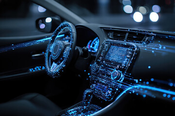 A car interior with neural connections and artificial intelligence. The latest in automotive technology. The autonomous car.