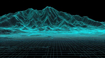 Digital Terrain: A futuristic landscape rendered in vibrant blue wireframe style illustration