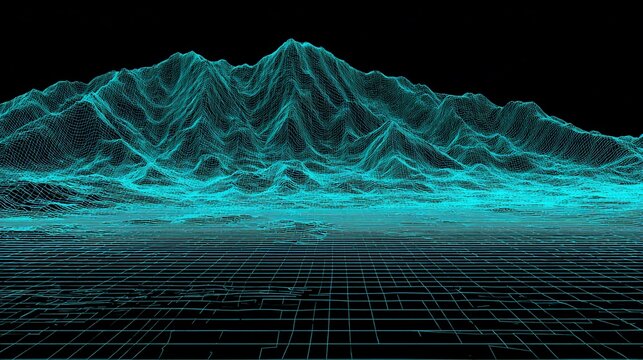 Digital Terrain: A futuristic landscape rendered in vibrant blue wireframe style illustration