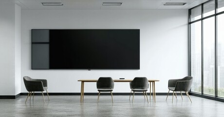 Modern conference room. Minimalist design features sleek furniture, large display, expansive windows. Clean lines, neutral palette create professional space.