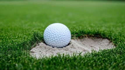 Obraz premium Golf Ball in Sand Trap on Green Course, Golfing ,Sports