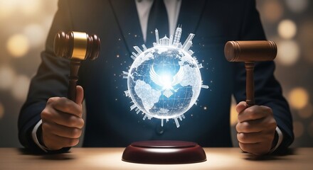 Powerful business concept with holographic globe and gavels symbolizing legal decisions impacting global markets and international business affairs