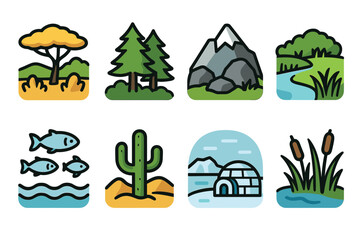 Nature and biomes vector icon set. Cute cartoon collection of various landscapes and ecosystems.