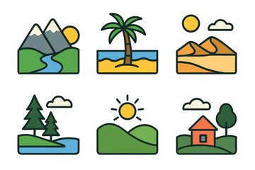 Landscape and nature scenery vector icon set. Colorful collection of various outdoor locations and biomes.