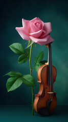 Fototapeta premium A delicate pink rose stands tall beside a classical violin, its gentle curves and rich wood grain creating a beautiful harmony of nature and art together now.