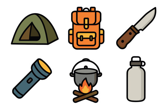 Camping and survival essentials vector icon set. Simple collection of gear for outdoor adventure and hiking.