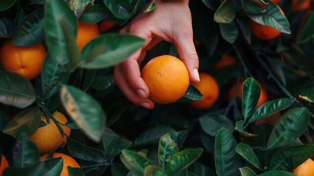 A closeup image of a hand picking an orange from a tree. The orange is a vibrant orange with a yellowish hue, and its texture appears smooth with a slight sheen.