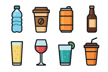 Drinks and beverages vector icon set. Collection of various hot and cold drinks in different containers.