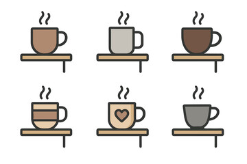 Obraz premium Coffee mugs on shelves vector icon set. Simple collection of colorful hot drink cups for a cafe.