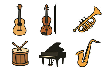 Musical instruments vector icon set. Simple collection of various instruments for band and orchestra.