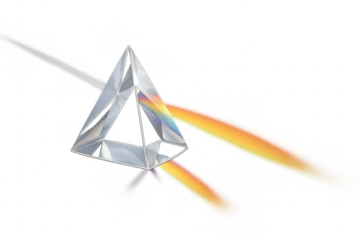 Glass prism refracting light, splitting into spectrum