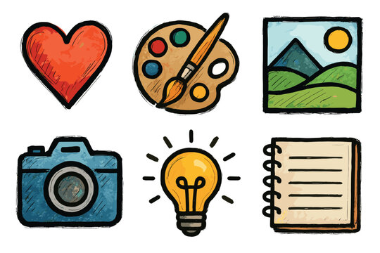 Creativity and hobbies doodle vector icon set. Hand drawn sketch collection of artistic and inspirational symbols.