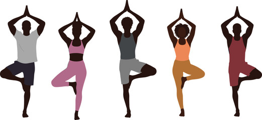 Group performing tree pose silhouette illustration, yoga balance and mindfulness concept artwork for lifestyle, wellness, and physical fitness design