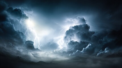 Dramatic thunderstorm landscape with lightning strikes illuminating dark clouds above mountains