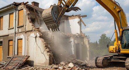 Building demolition scene with excavator in action on a clear day