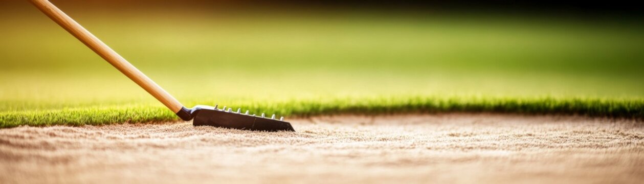Golf Bunker Rake Close-Up on Sand with Green Background, golf , sandtrap