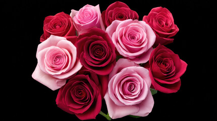 Obraz premium A stunning bouquet of vibrant roses, featu shades of pink and deep red, creates a beautiful and elegant floral arrangement against a black background.