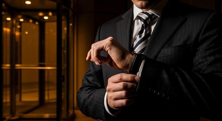 Elegant businessman checking time before meeting, wearing stylish suit and watch in luxury hotel, showcasing success and professionalism for corporate branding