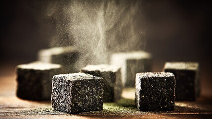 Elegant presentation of black sesame cubes with a delicate dusting of matcha powder for gourmet