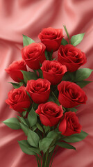Fototapeta premium A beautiful bouquet of vibrant red roses with lush green leaves is artfully arranged against a soft, flowing, light pink satin fabric backdrop for elegance.