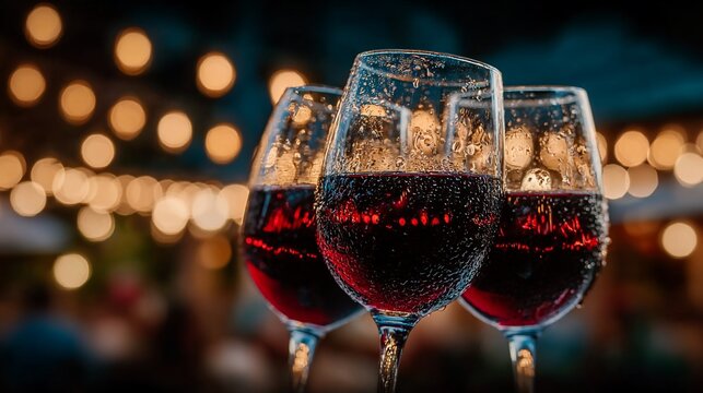 Elegant wine glasses filled with red wine illuminated by soft bokeh lights adding celebration