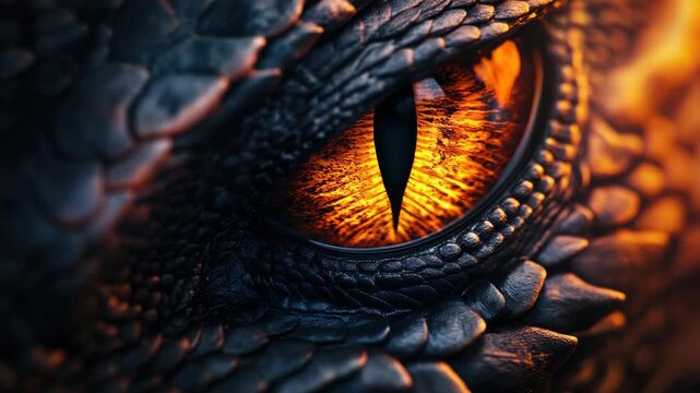 Close-up of dragon's eye with orange glow, fantasy and mythical creature concept.