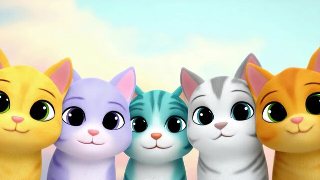 Friendly cats from cartoon posing together.