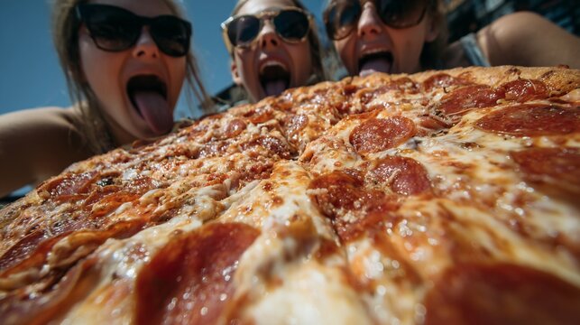 Enthusiastic friends share a massive, delicious pepperoni pizza with cheesy goodness - Powered by Adobe