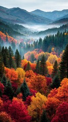 Serene autumn bliss: a dance of mist and colorful trees. Clean retouch. Misty autumn forest with coniferous trees and foggy mountain backdrop. Concept art. Professional look.