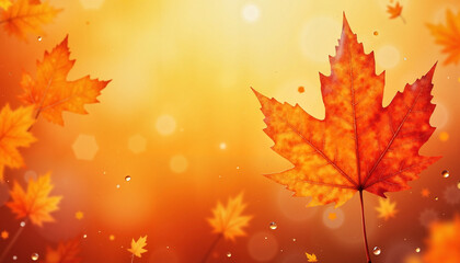 Autumn leaves falling against a warm golden background  