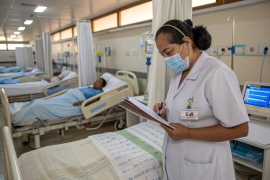 Female doctor checks  patient in ward