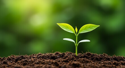 Fototapeta premium A young green sprout emerges from rich soil, symbolizing new beginnings and growth in nature