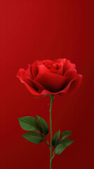 A beautiful single red rose blossom with a long stem and green leaves presents a classic image of love against a deep red solid color background to illustrate romance.