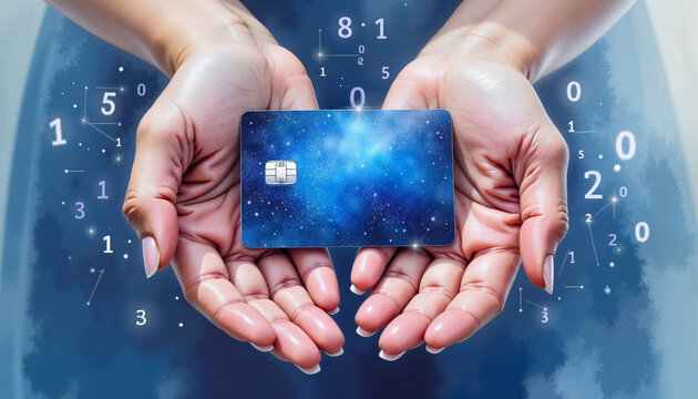 Woman holding digital credit card with binary code background  
