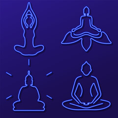 meditation group of neon icons, vector illustration on black background.