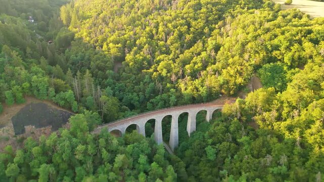 Discover the stunning Zampach railway bridge, the highest stone bridge in Czechia. This breathtaking structure is surrounded by lush greenery, showcasing its impressive design against nature.