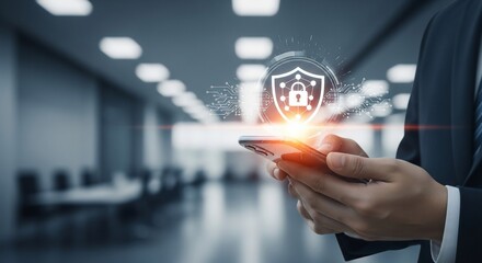 Cybersecurity professional manages mobile security with advanced encryption technology for data protection in a modern office environment