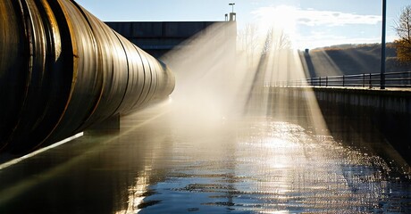 Large pipes, water spray, sunlight creates dramatic rays. Industrial setting, reflections visible in wet surface.