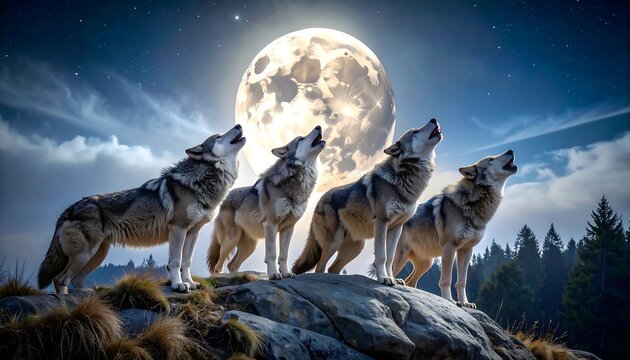 Wolves howling at the moon - Powered by Adobe