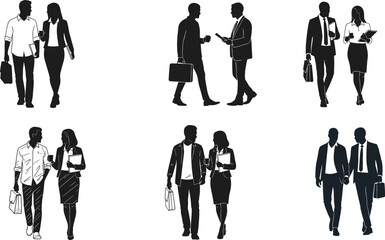 Silhouette business people walking together, teamwork communication, professional colleagues talking, office partnership illustration on white background