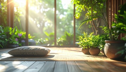 Bright, sunlit interior space featuring a wooden floor, a cozy floor cushion, and lush green plants in terracotta pots.