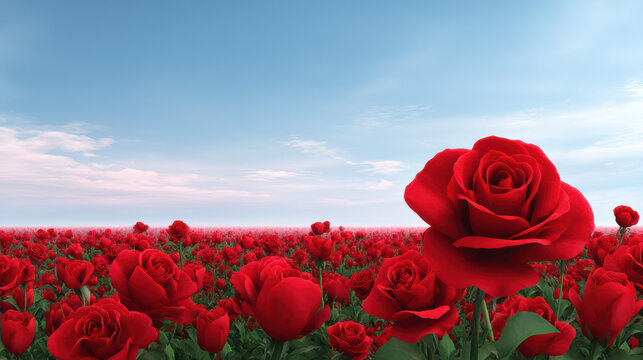 A scenic landscape of vibrant red roses stretching to the horizon under a bright blue sky offers a romantic and serene vista of floral beauty and tranquility. - Powered by Adobe