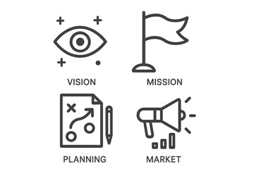 Thin line business and marketing icons set for web and mobile. Includes Vision, Mission, Planning, Market symbols. For corporate strategy, company goals, and development.