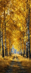 Nature's golden blanket: an enchanting birch grove in early frost. Fantasy poster. Golden birch alley by road: autumn's quiet elegance with frozen grass. Advertising photo.